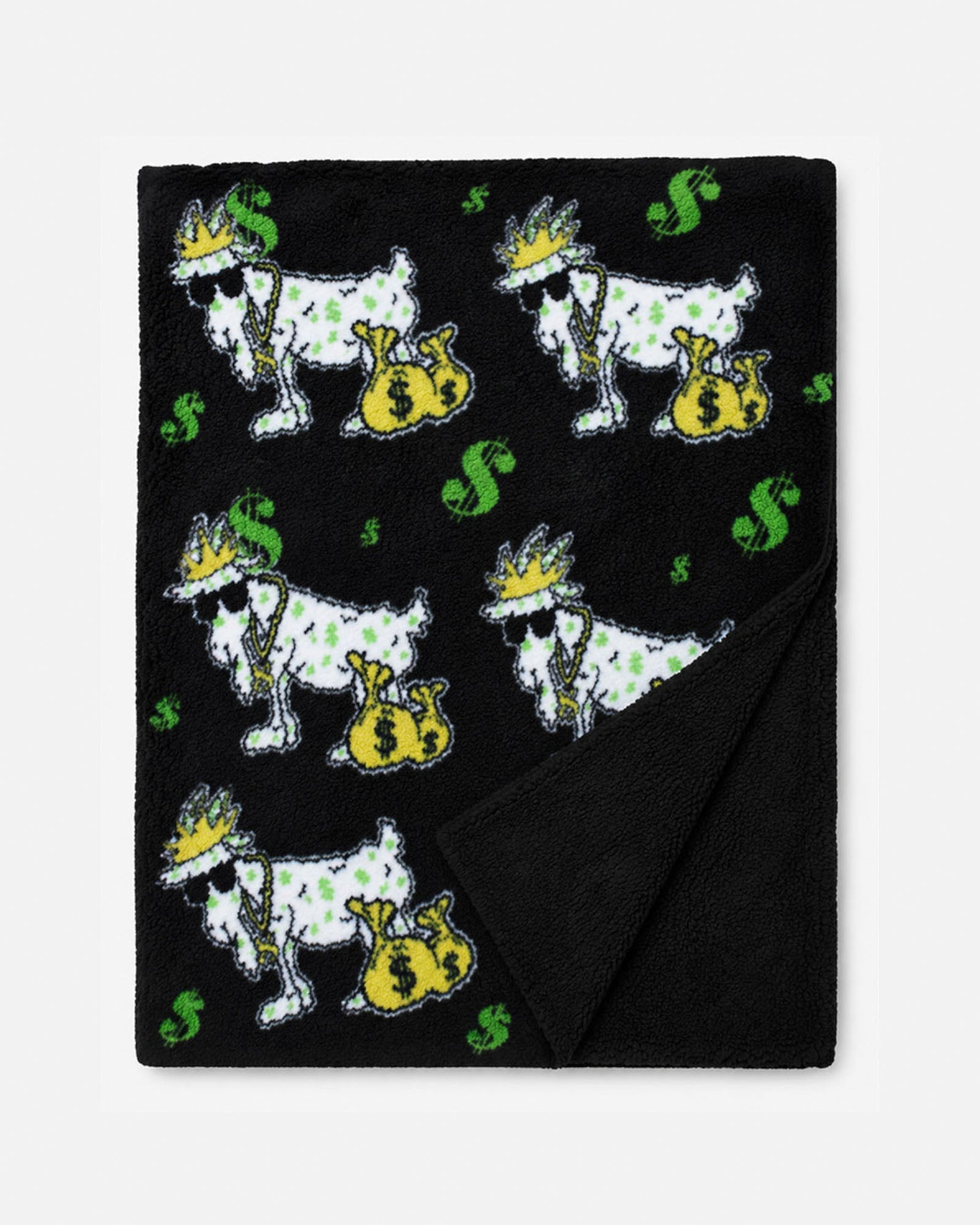 A black plush throw blanket featuring a repeating pattern of white goats wearing gold crowns and sunglasses, carrying yellow money bags, with green dollar sign accents.