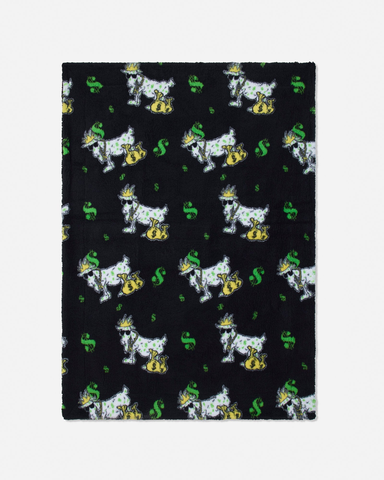 A rectangular black fleece blanket featuring a repeating pattern of white Scottish terriers wearing gold collars and green hats, with green dollar signs.