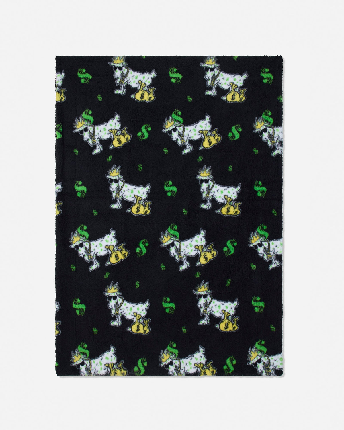 A rectangular black fleece blanket featuring a repeating pattern of white Scottish terriers wearing gold collars and green hats, with green dollar signs.