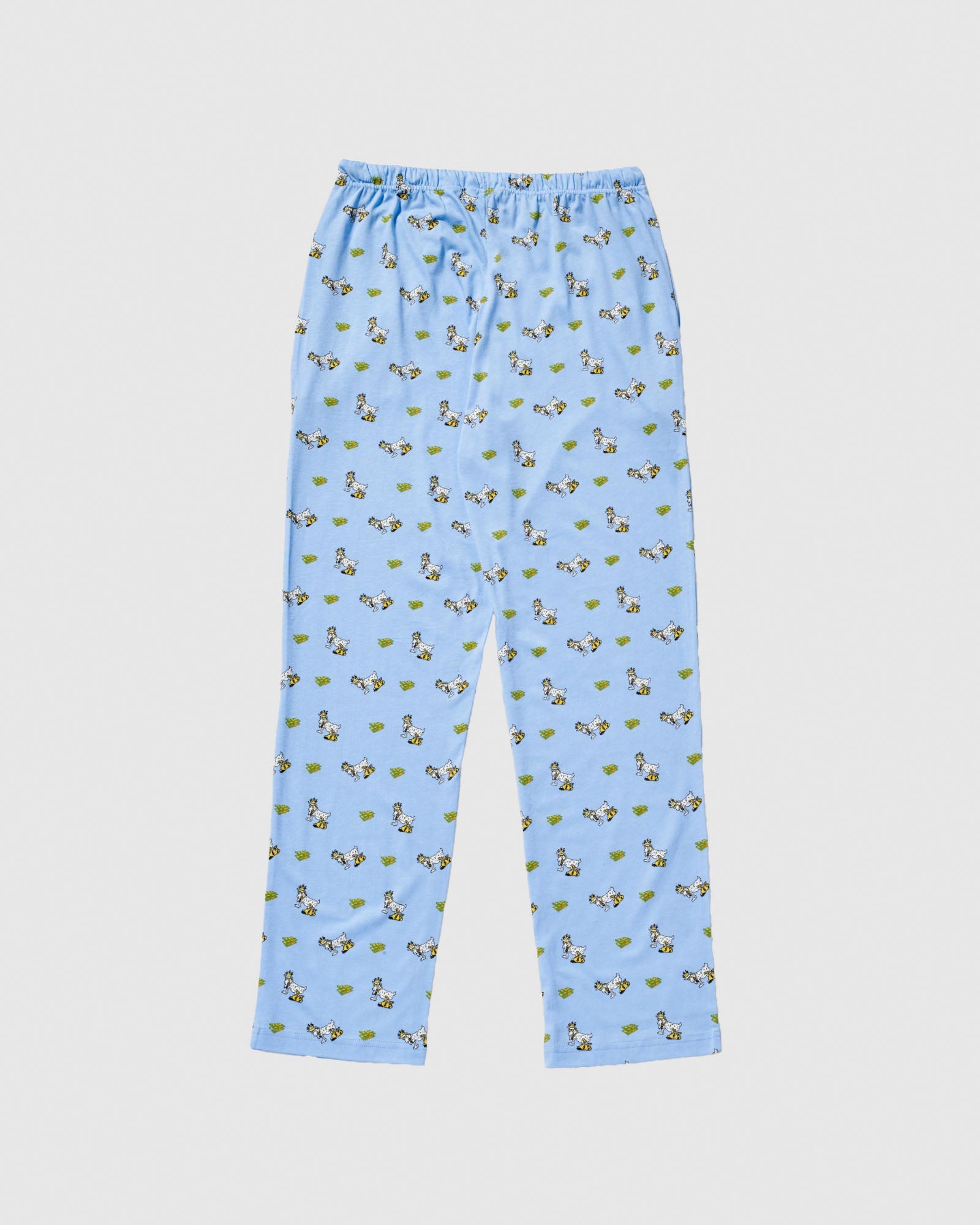Backside of blue money goat pajama pants