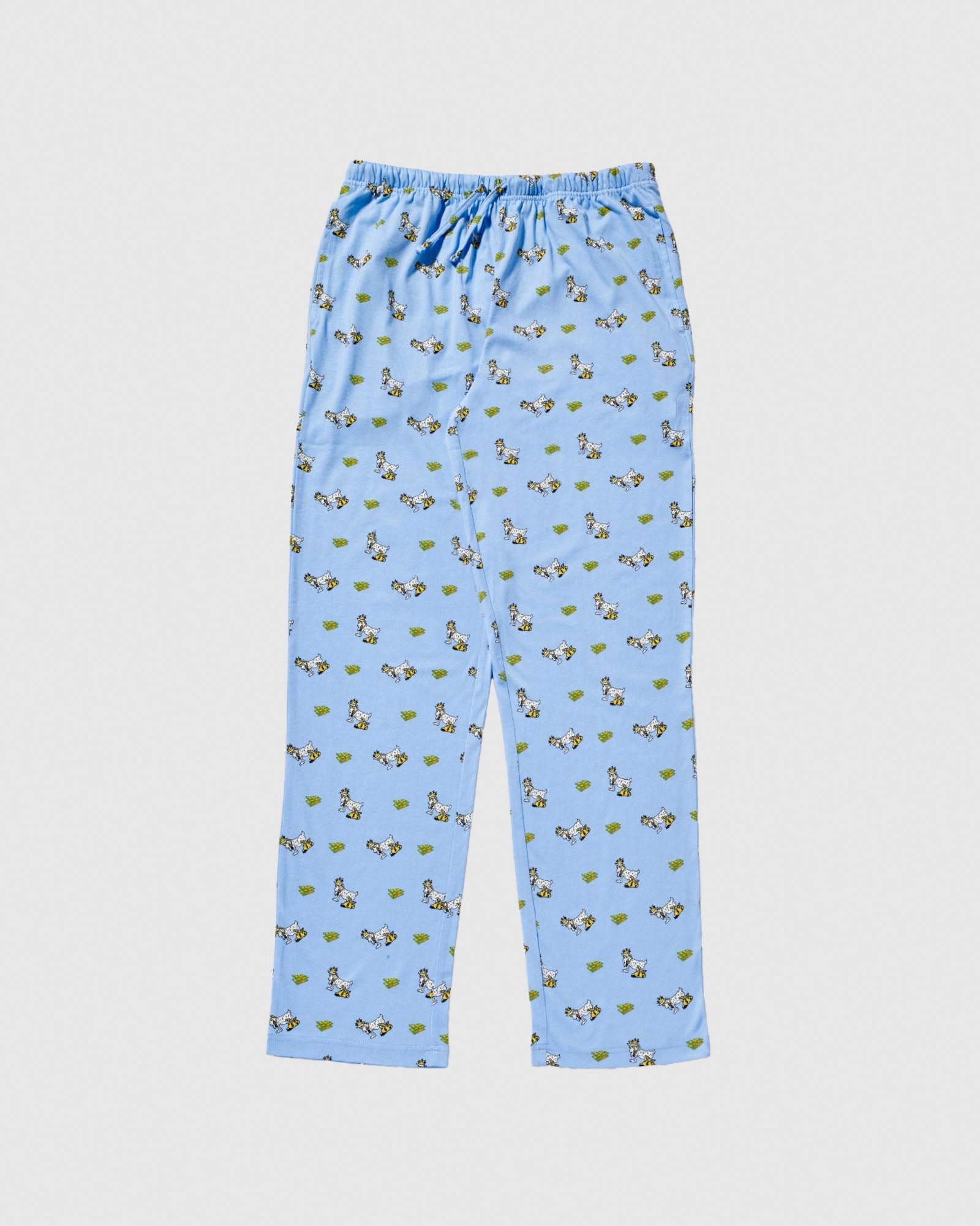 Blue pajama pants with dollar bills and money-themed goats