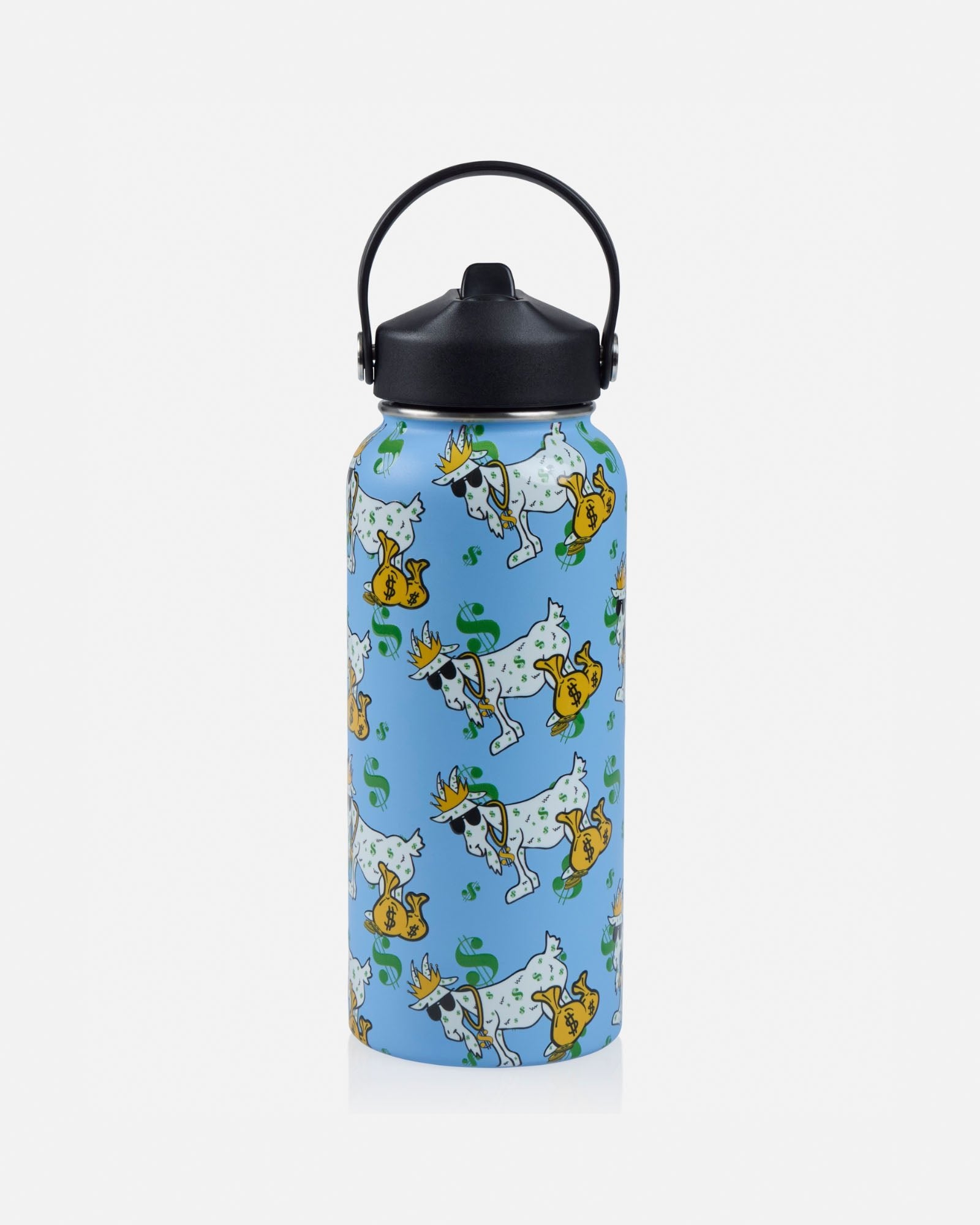 Water bottle with cash money goat pattern on a white background