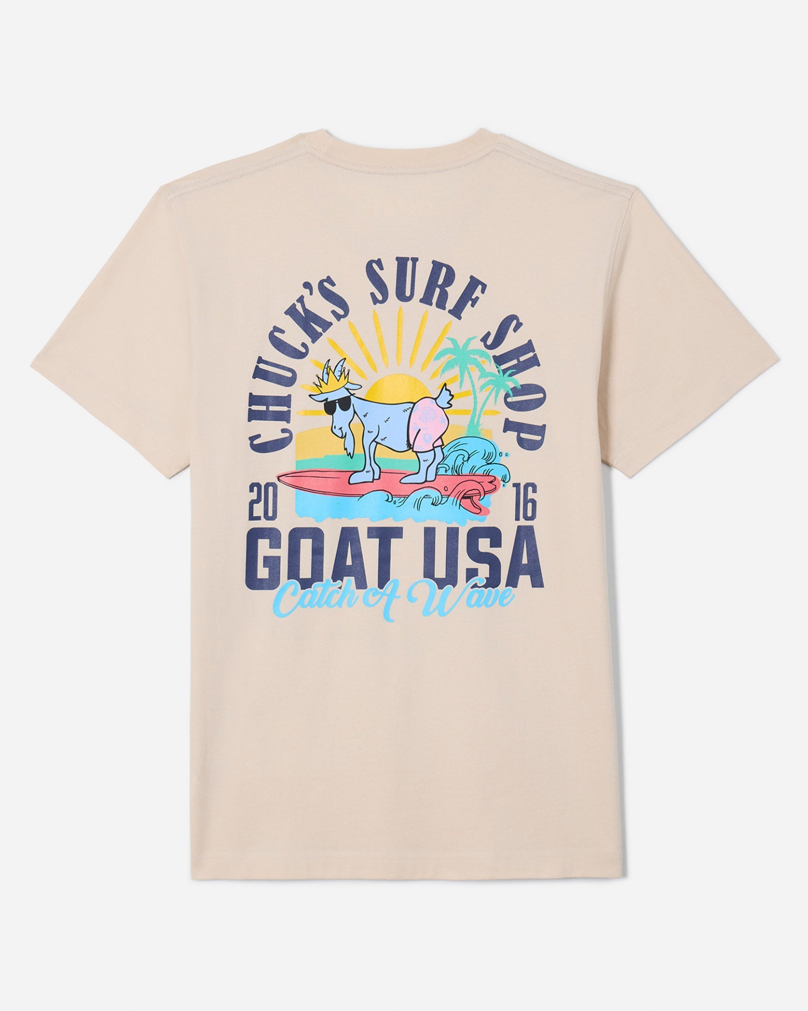 Back of sandshell t-shirt with Chuck the GOAT catching a wave graphic