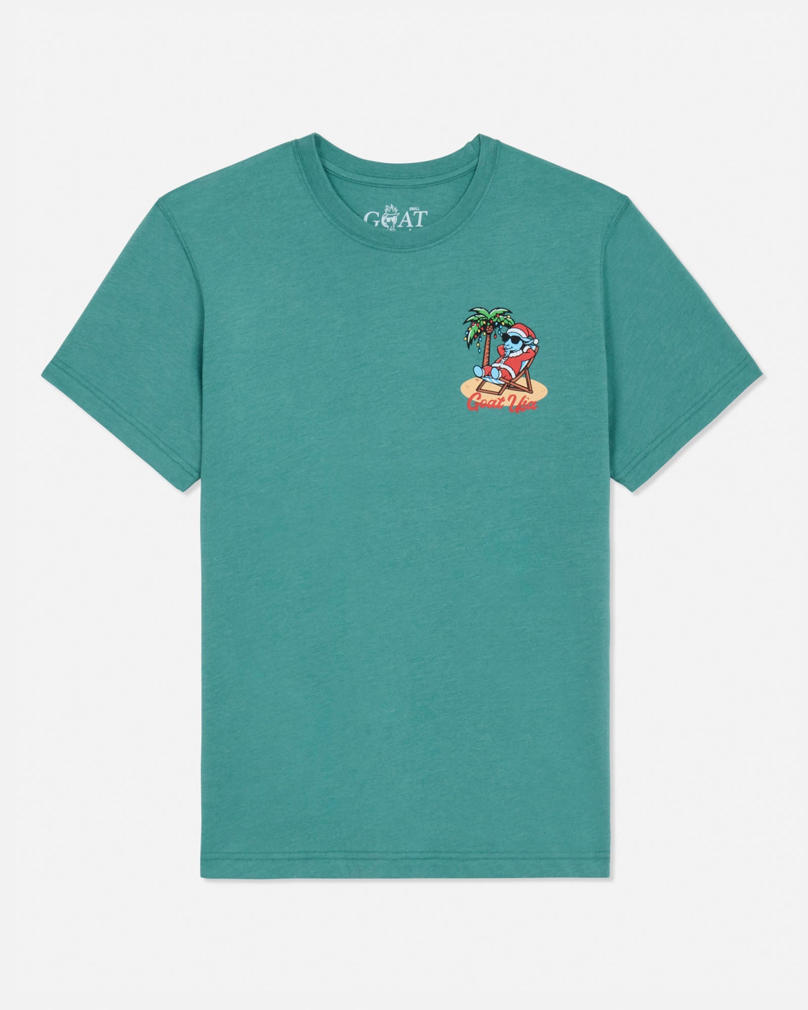 Teal t-shirt with a graphic design on a light gray background