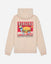 Beige hoodie with a graphic of a goat and burger on the back against a light gray background