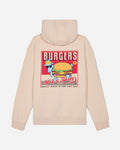 Beige hoodie with a graphic of a goat and burger on the back against a light gray background