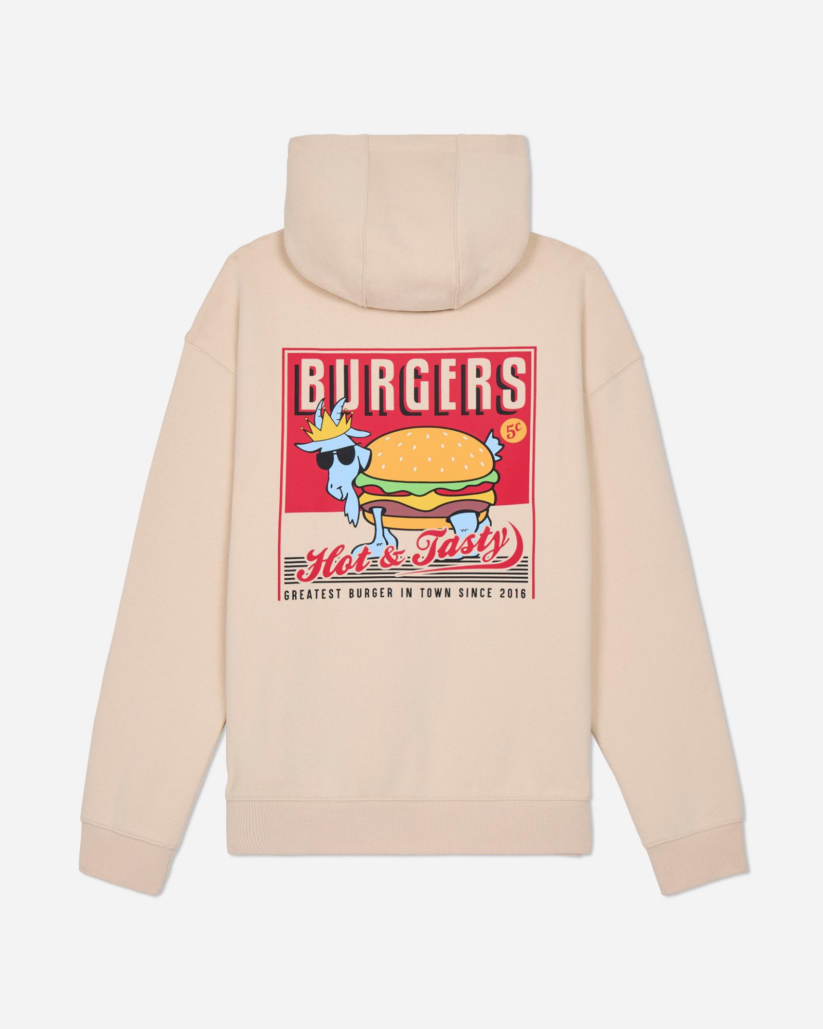 Beige hoodie with a graphic of a goat and burger on the back against a light gray background