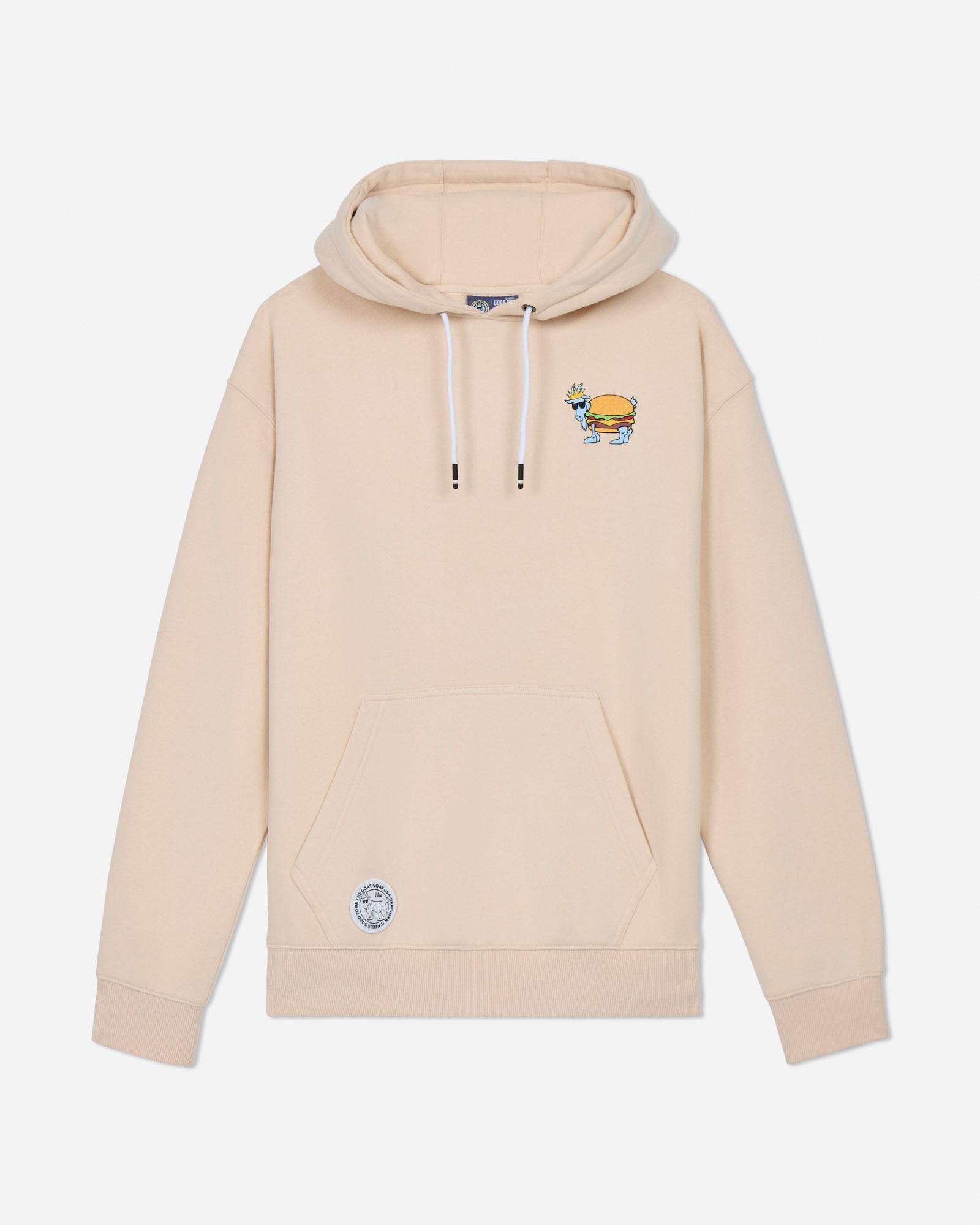 Beige hoodie with a small graphic on the chest against a light gray background