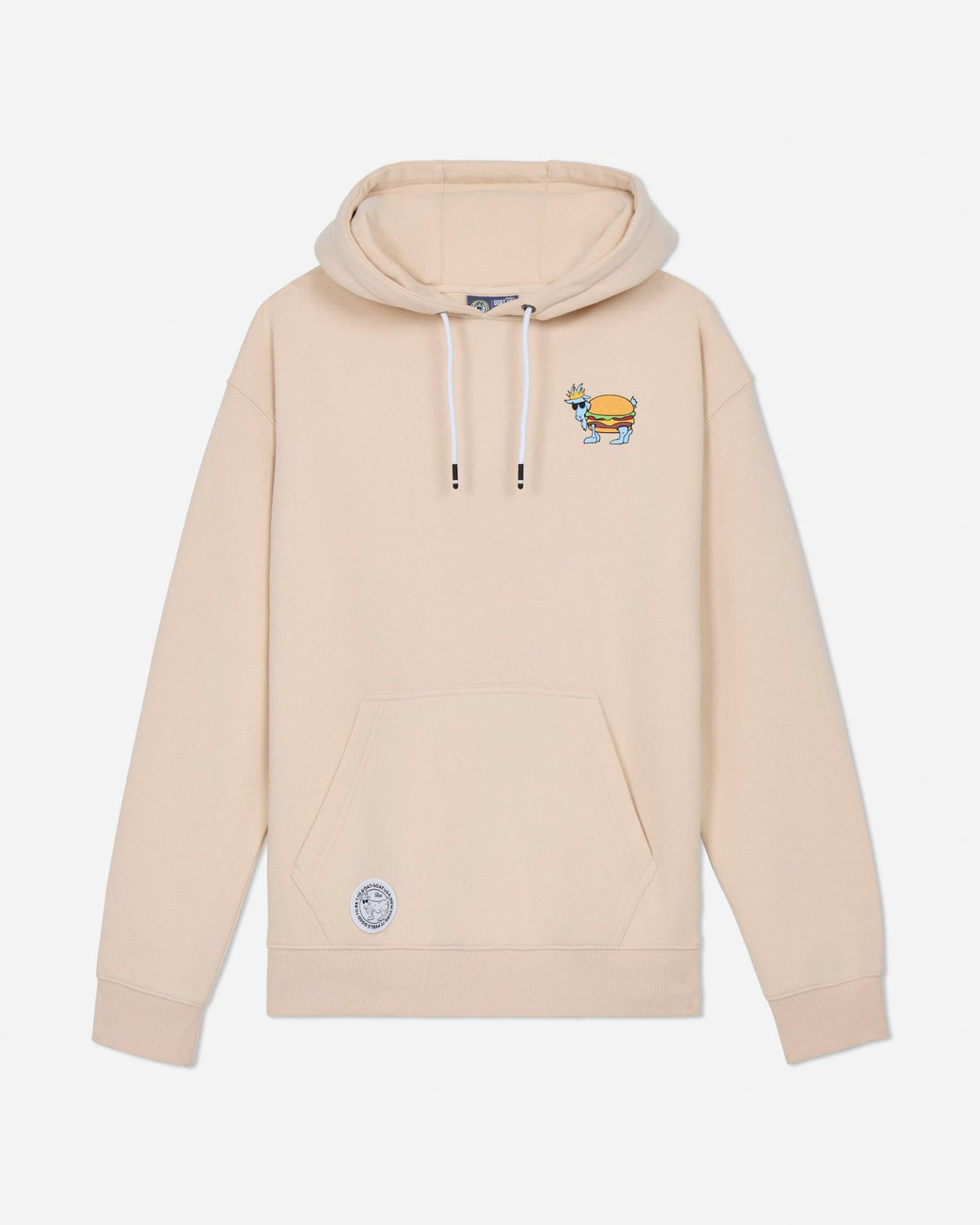 Beige hoodie with a small graphic on the chest against a light gray background