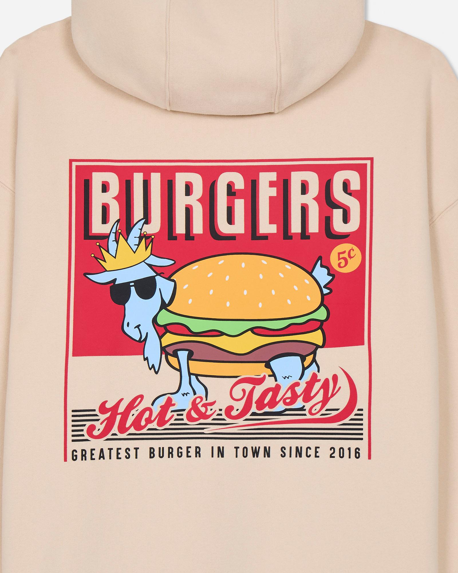 Beige hoodie with a graphic of a goat and burger and text on the back
