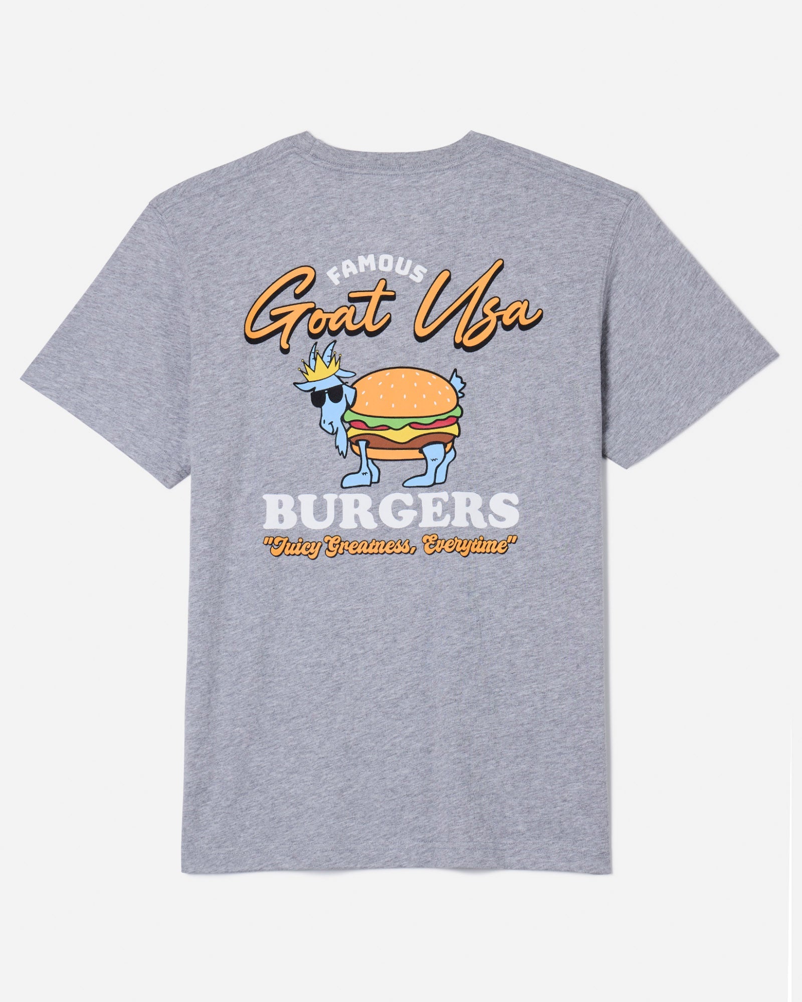 Back of gray t-shirt with Chuck the GOAT dressed as a cheeseburger
