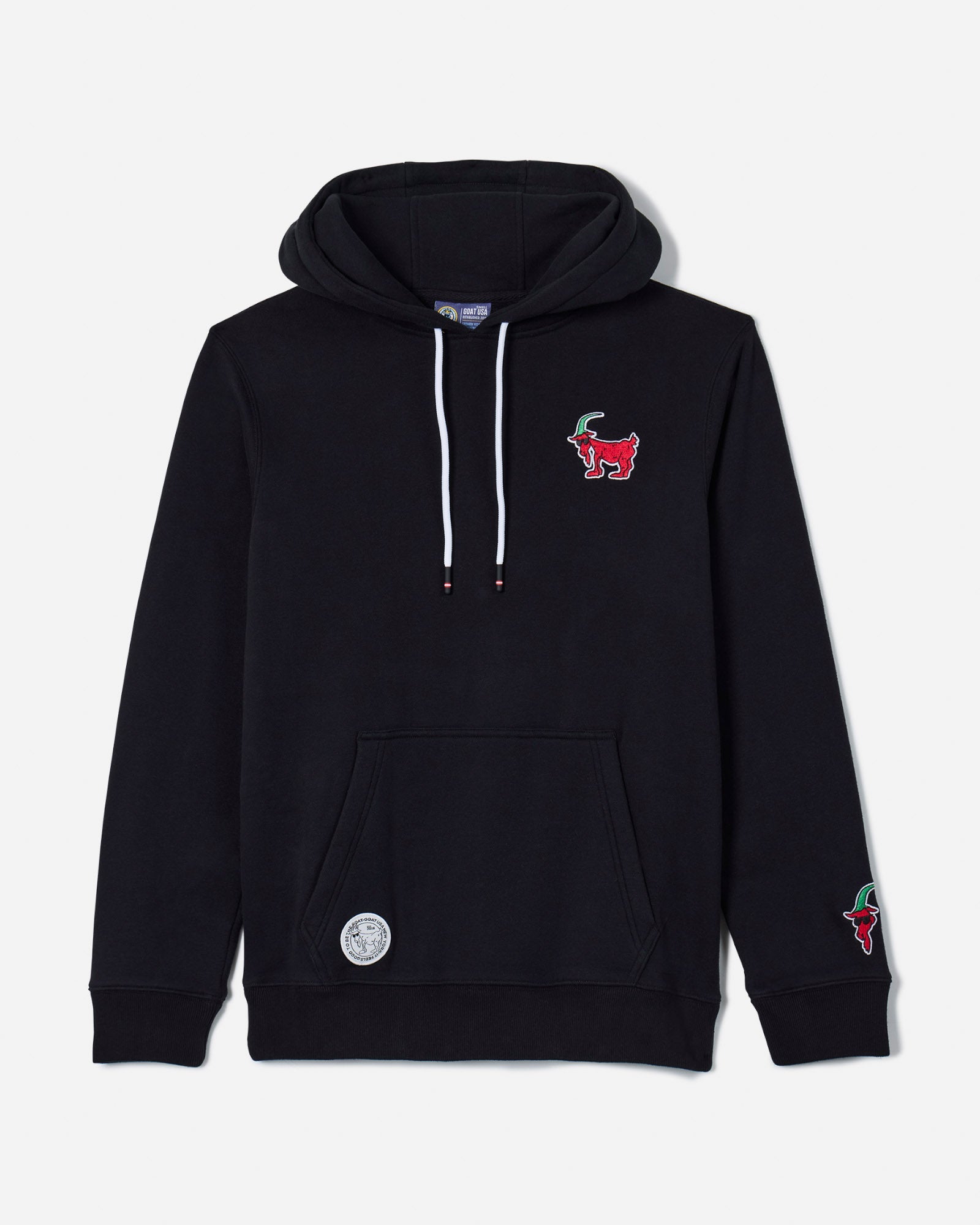 Front of black Pepper Hooded Sweatshirt with Pepper GOAT left-chest logo