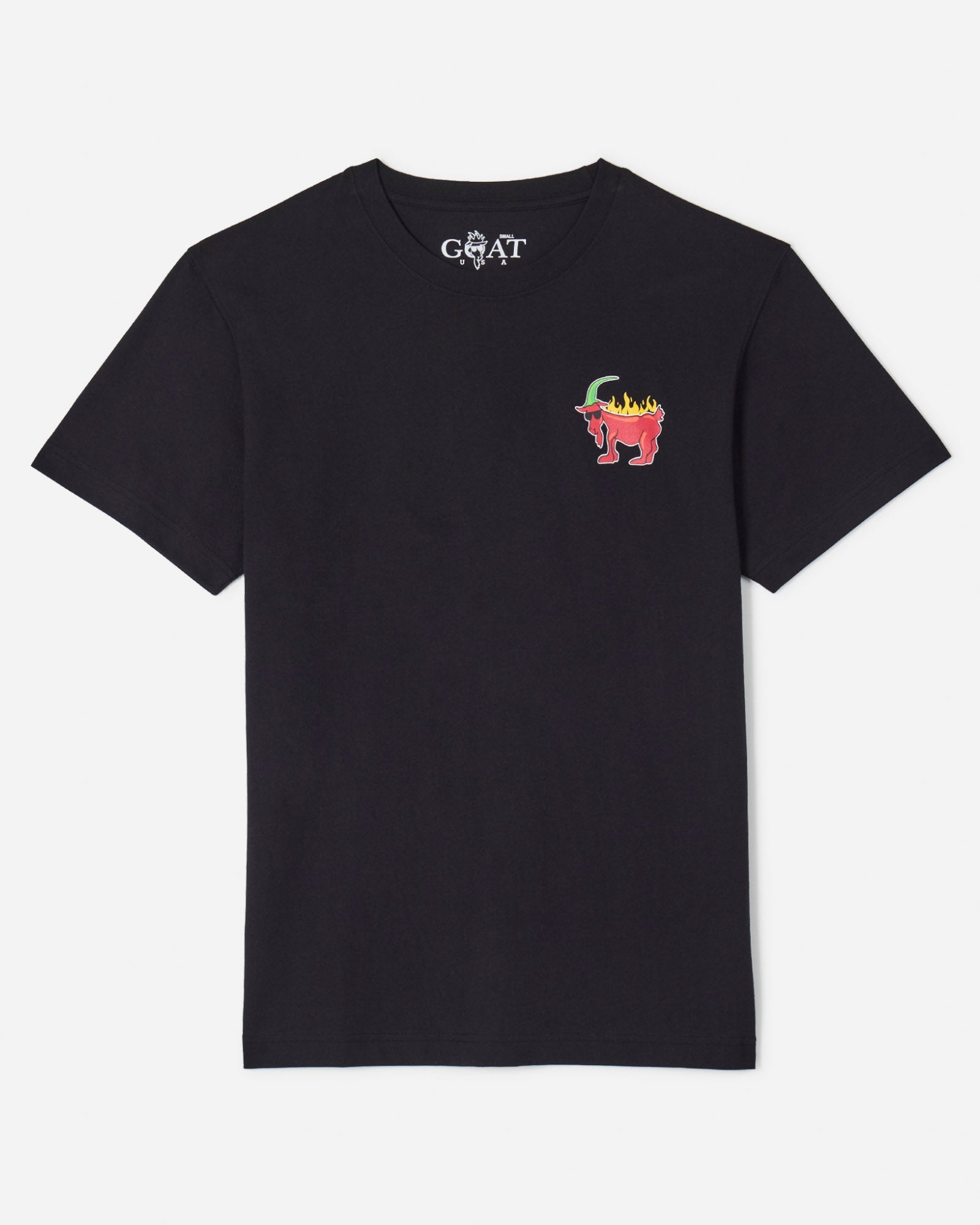 Front of black t-shirt with Chuck the chili pepper GOAT left-chest logo