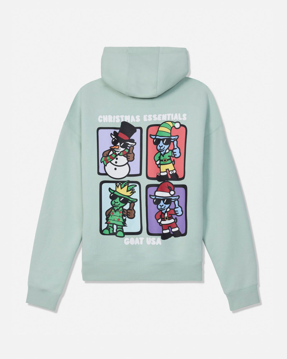 A mint green pullover hoodie shown from the back, featuring a colorful graphic print of four cartoon Christmas characters in separate panels with the text 'CHRISTMAS ESSENTIALS' and 'GOAT USA'.