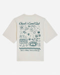 Back of bone t-shirt with casino games design and text that reads "Chuck's Card Club All In or Nothing - Welcome to the Club"