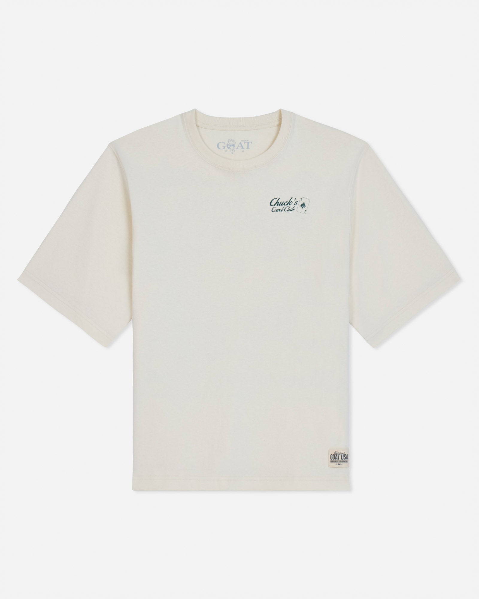 Front of bone t-shirt with 'Chuck's Card Club' left-chest logo