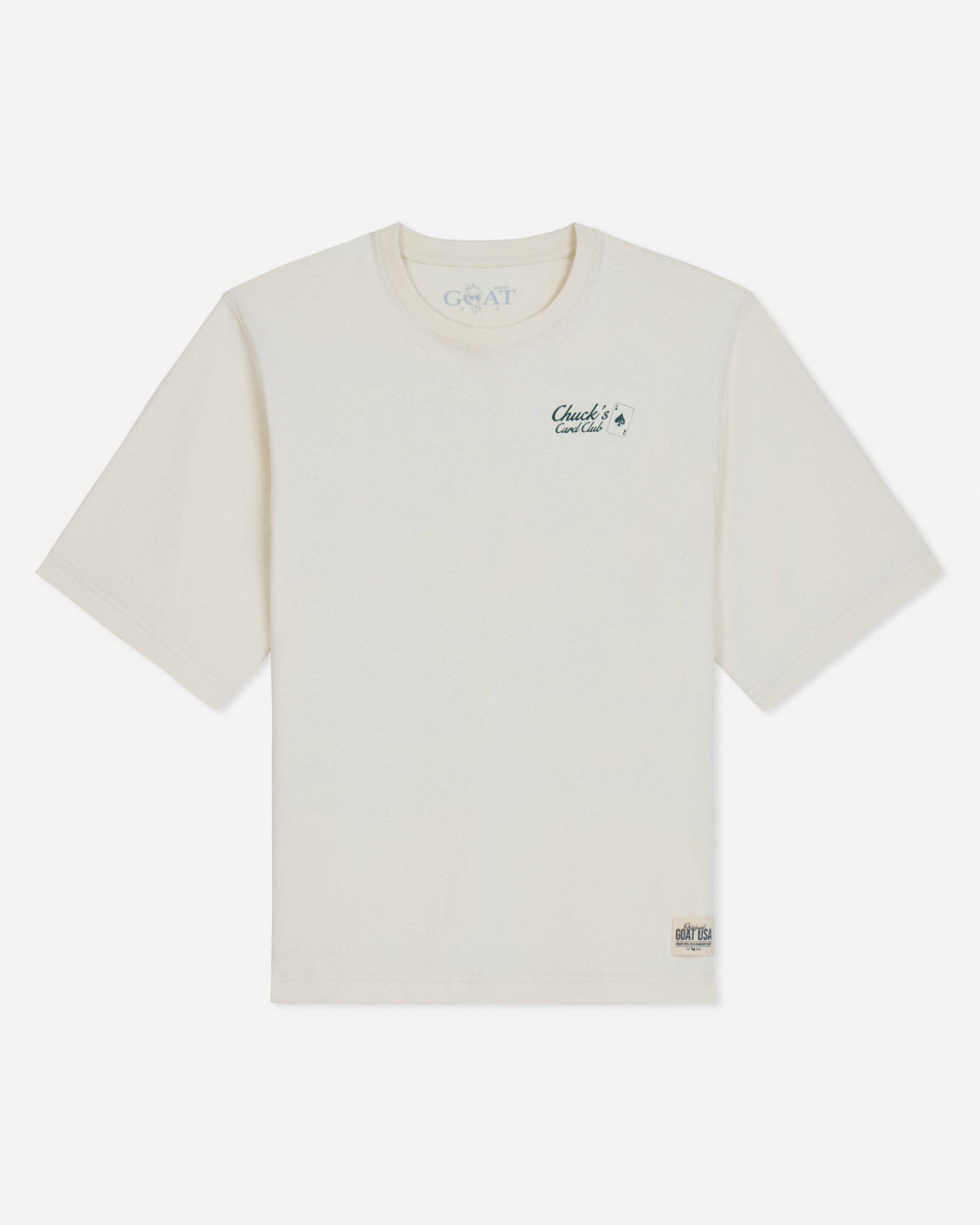 Front of bone t-shirt with 'Chuck's Card Club' left-chest logo