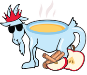 A cartoon goat character wearing a red crown and black sunglasses, with a large light blue bowl filled with yellow liquid on its back. The goat stands beside cinnamon sticks and a sliced red apple, with steam rising from the bowl.