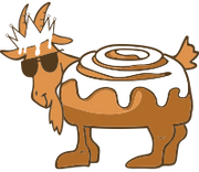 A cartoon goat dressed like a frosted pastry, with brown body and legs, white icing swirls, and dark sunglasses, shown on a plain white background.