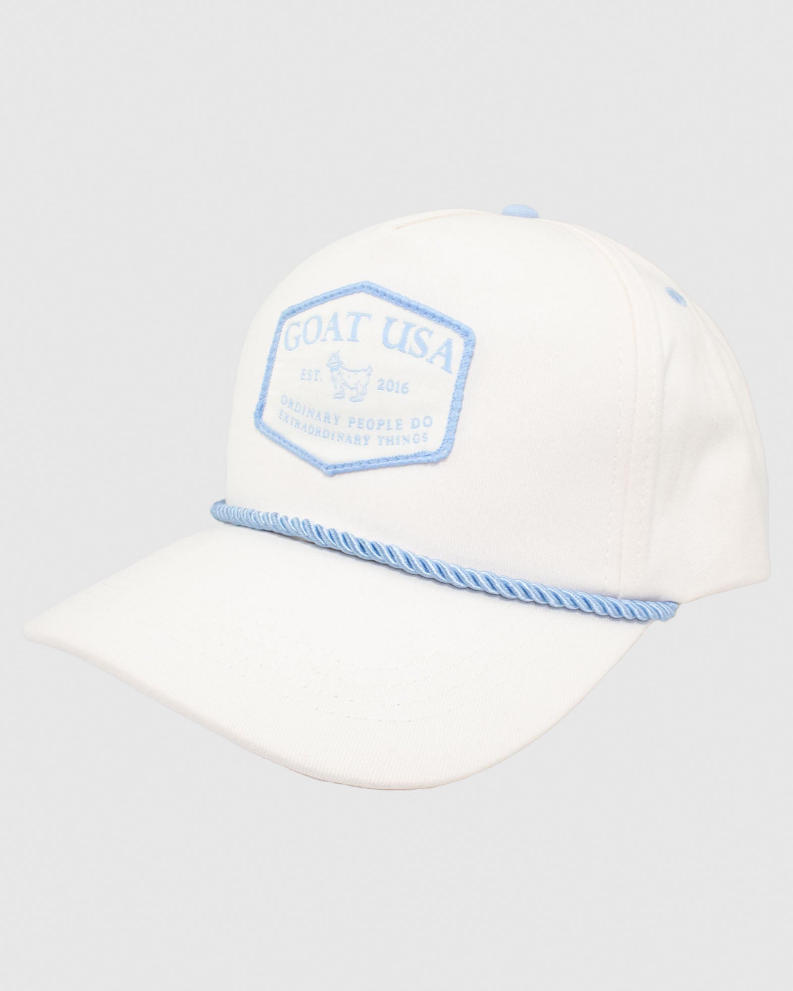 White snapback with blue rope and embroidered patch#color_stone
