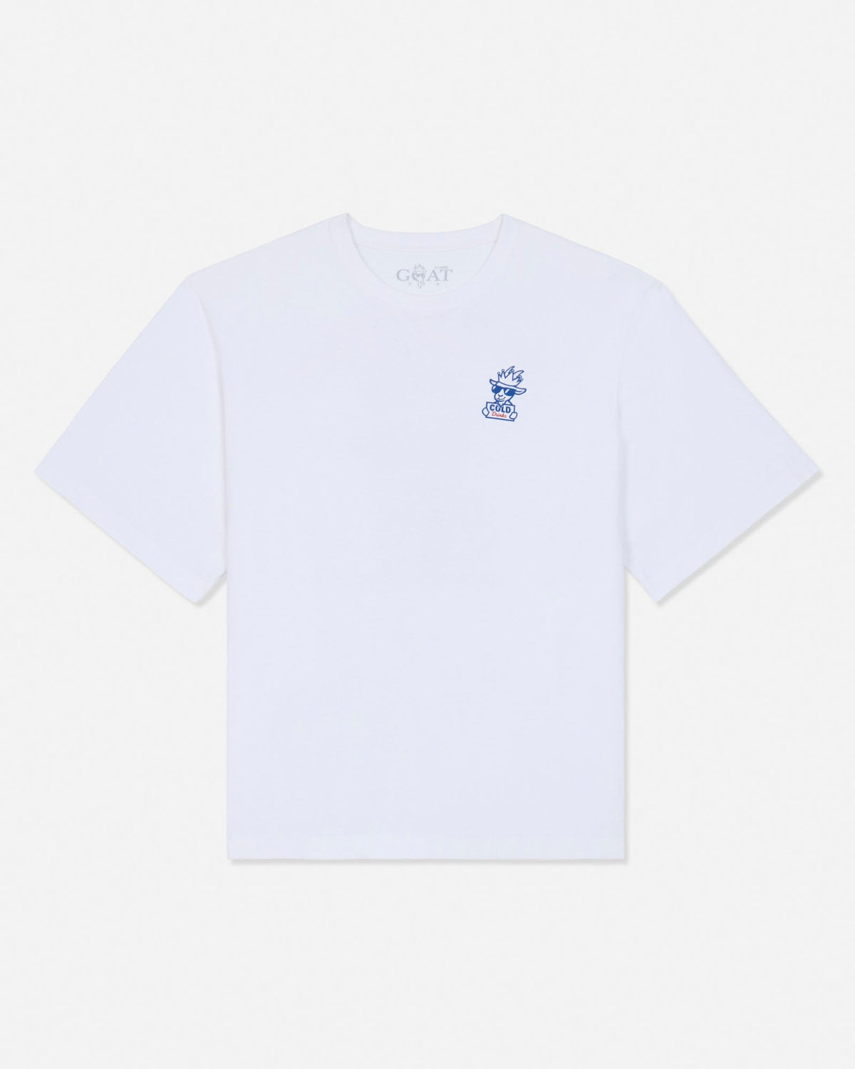 A white short-sleeve crewneck t-shirt with a small blue embroidered graphic on the left chest, displayed flat against a light gray background.