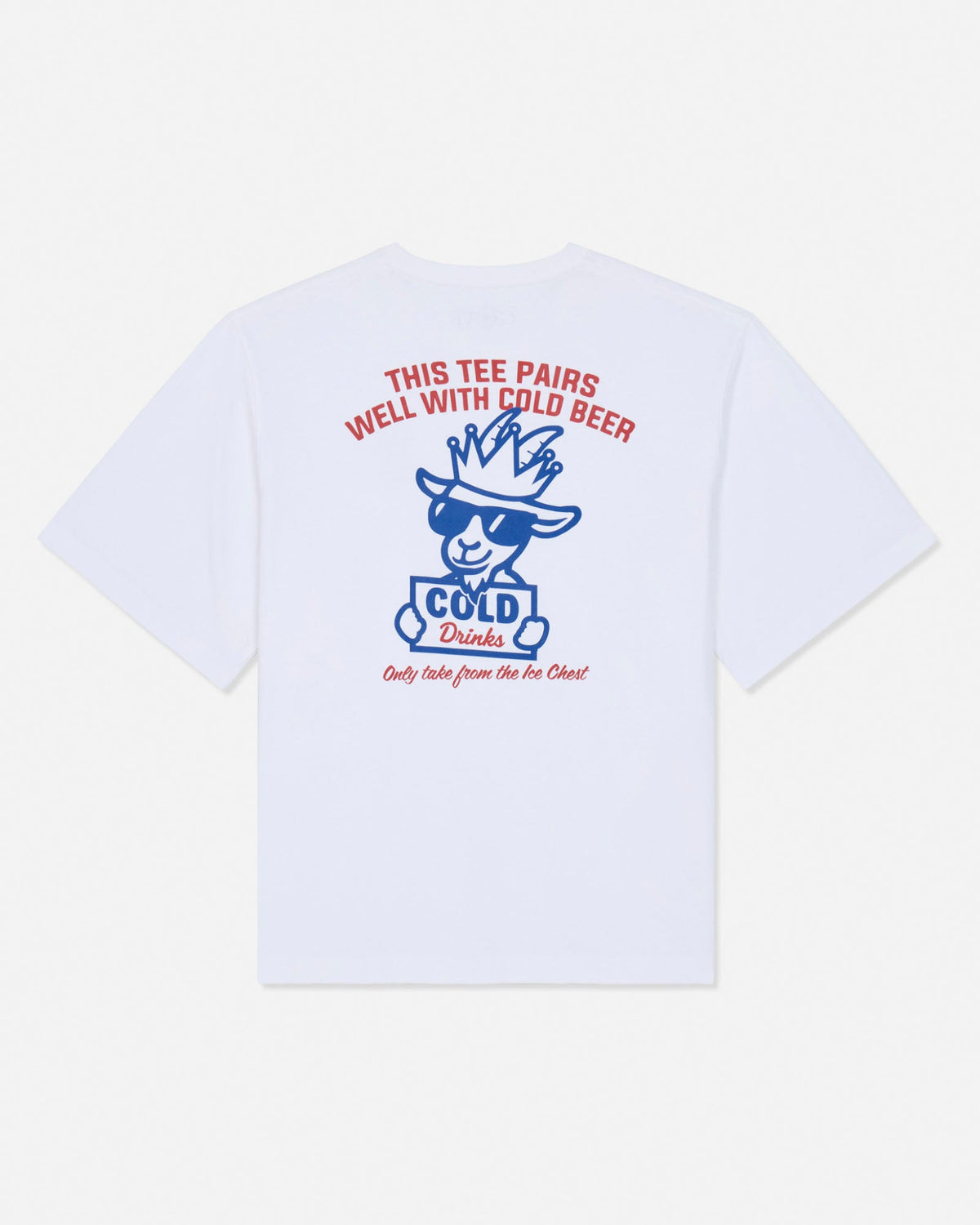 White short-sleeve t-shirt shown from the back, featuring a blue cartoon goat graphic with sunglasses and a cowboy hat, surrounded by red and blue text that reads 'THIS TEE PAIRS WELL WITH COLD BEER' and 'Only take from the ice chest'.