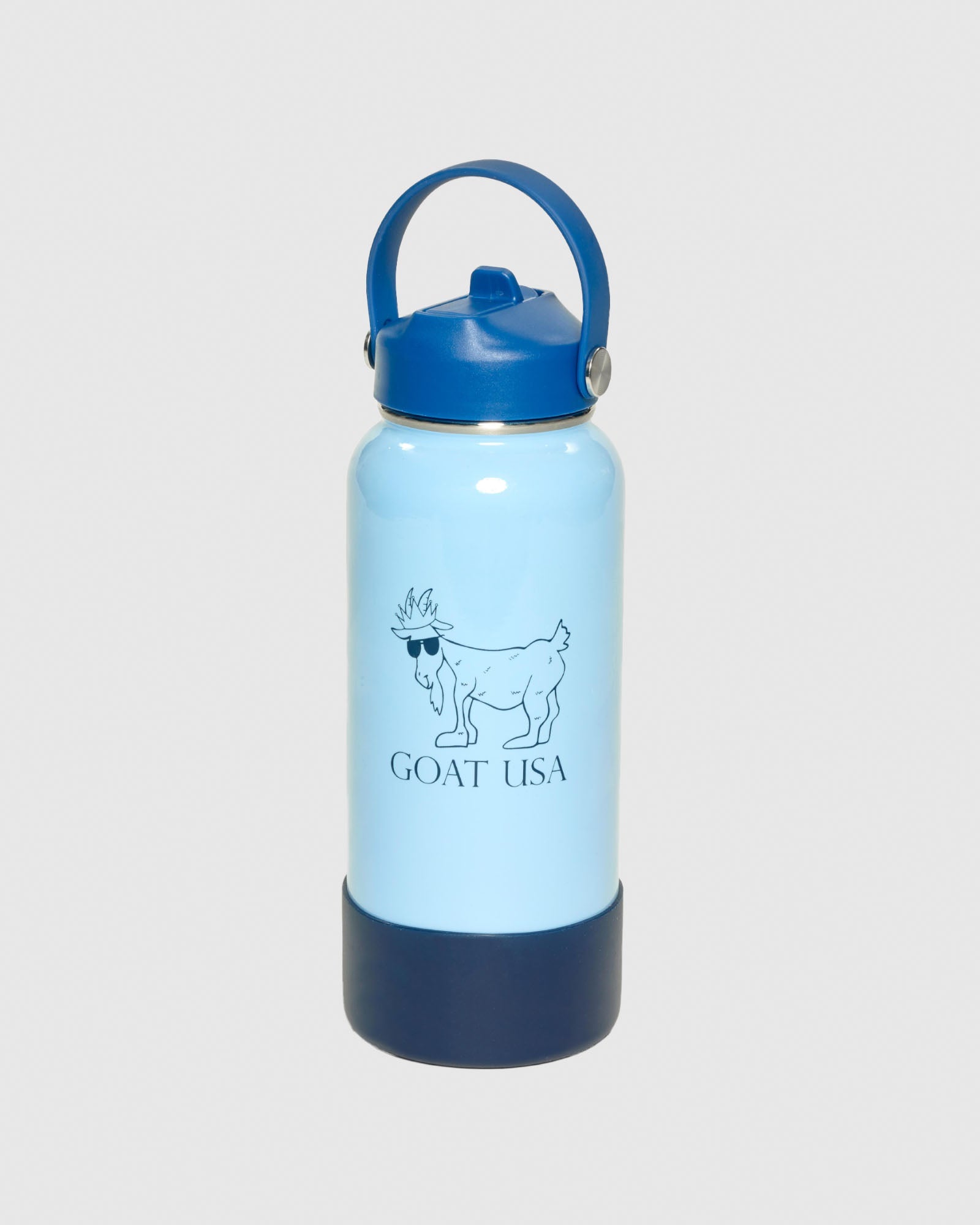 Blue water bottle with GOAT USA logo