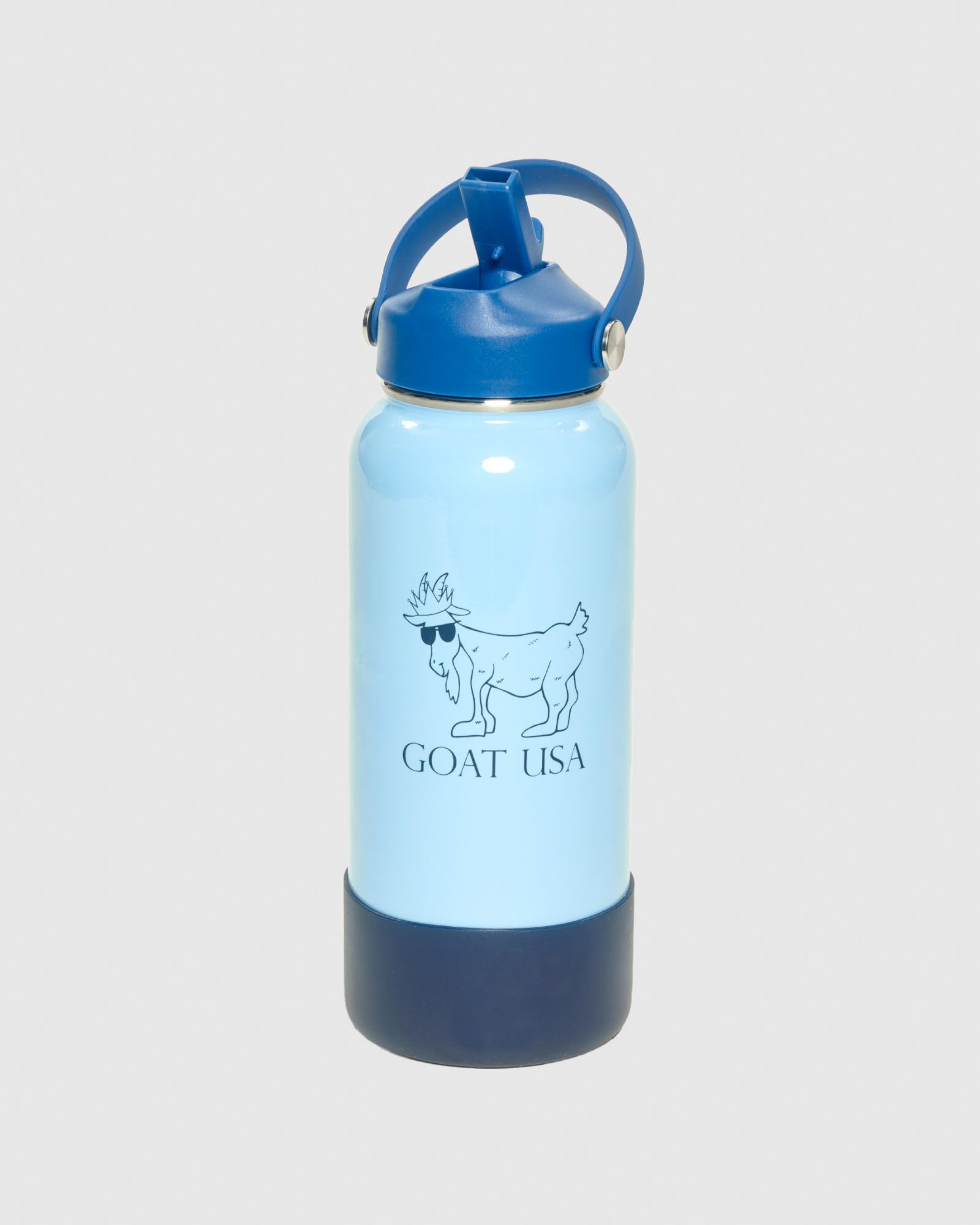 Blue water bottle with GOAT USA logo with the straw up