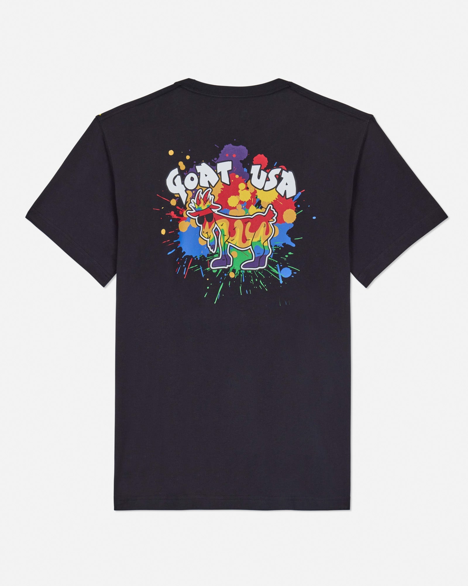 Back of black t-shirt with color burst goat graphic