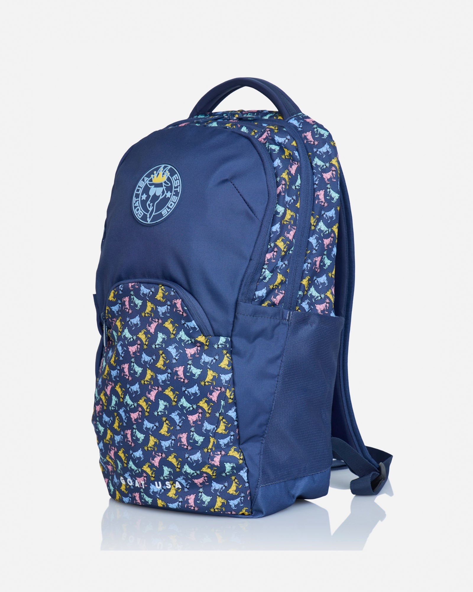 Angled view of navy backpack with all-over-goat pattern