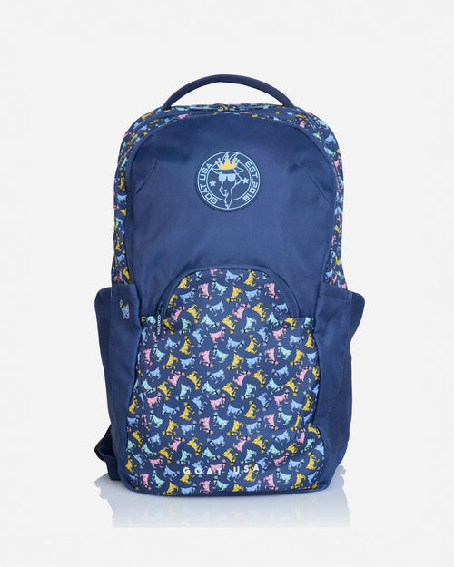 Front of navy backpack with all-over-goat pattern