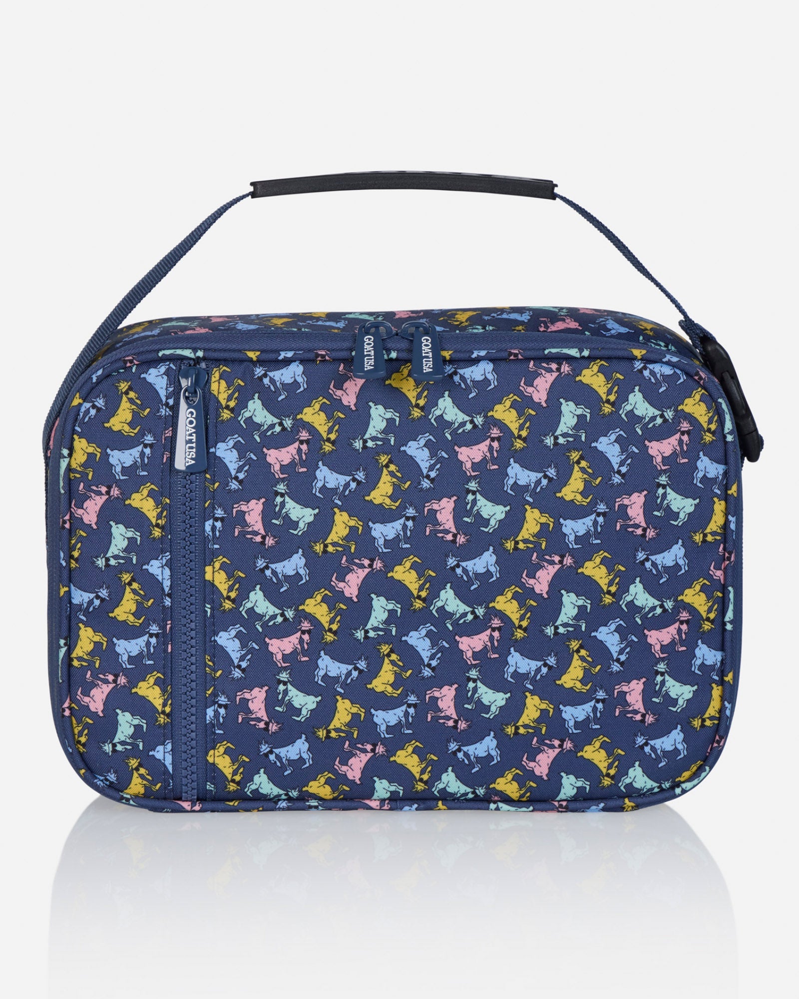 Front of black lunchbox with money goat design
