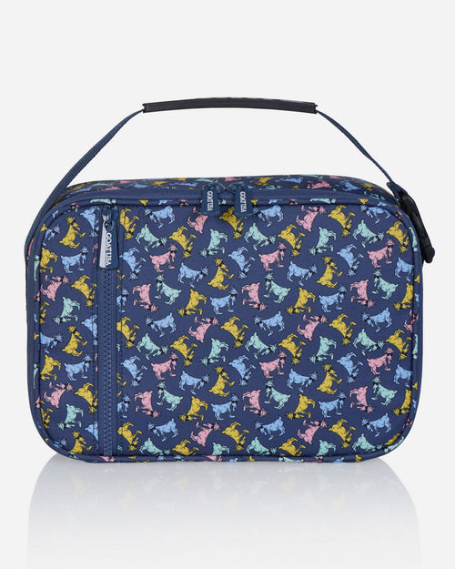 Front of black lunchbox with money goat design