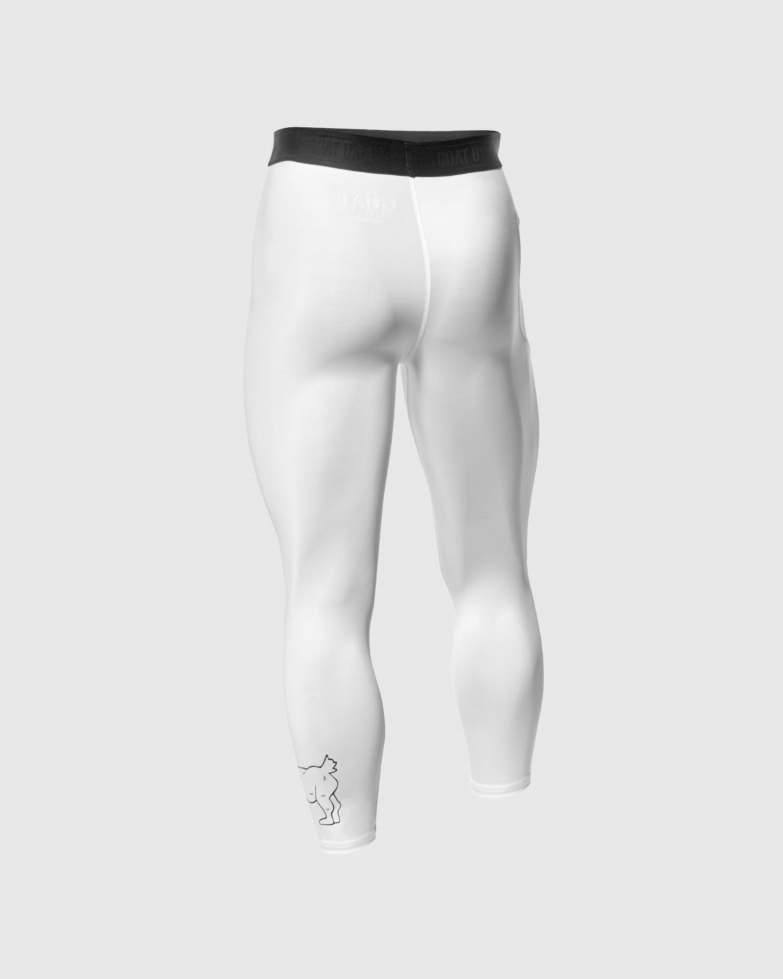 Back of white compression leggings with the GOAT USA logo on the them#color_white