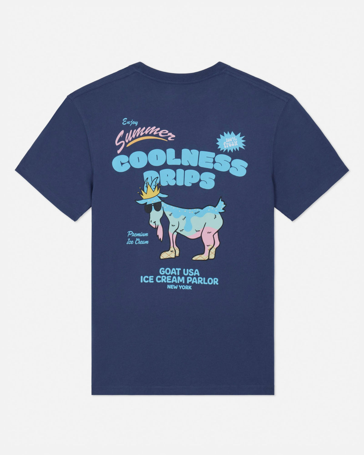 Navy blue t-shirt with colorful graphic design on a white background