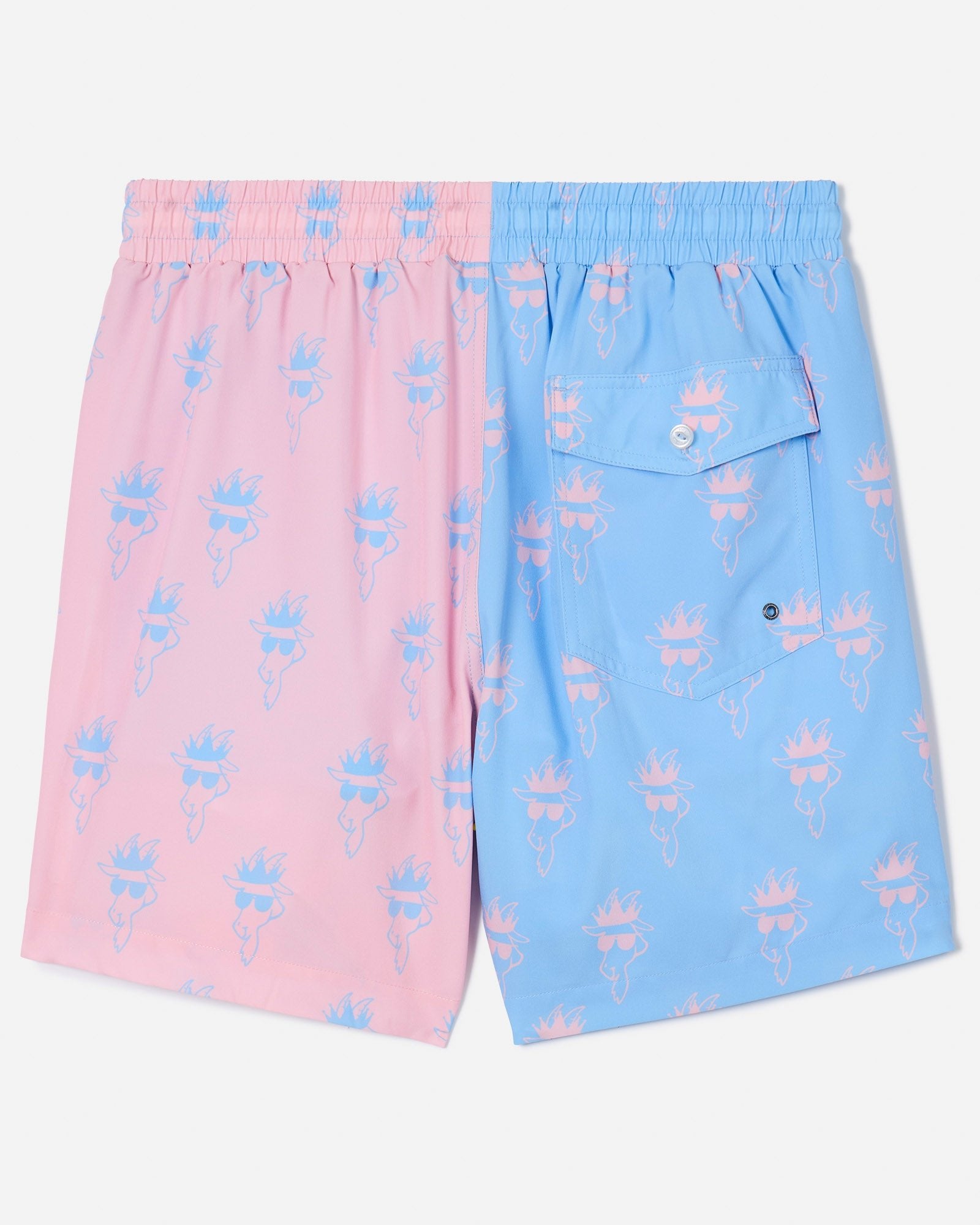 Back of pink and blue color block bathing suit with Chuck the GOAT head logo design