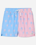Front of pink and blue color block bathing suit with Chuck the GOAT head logo design
