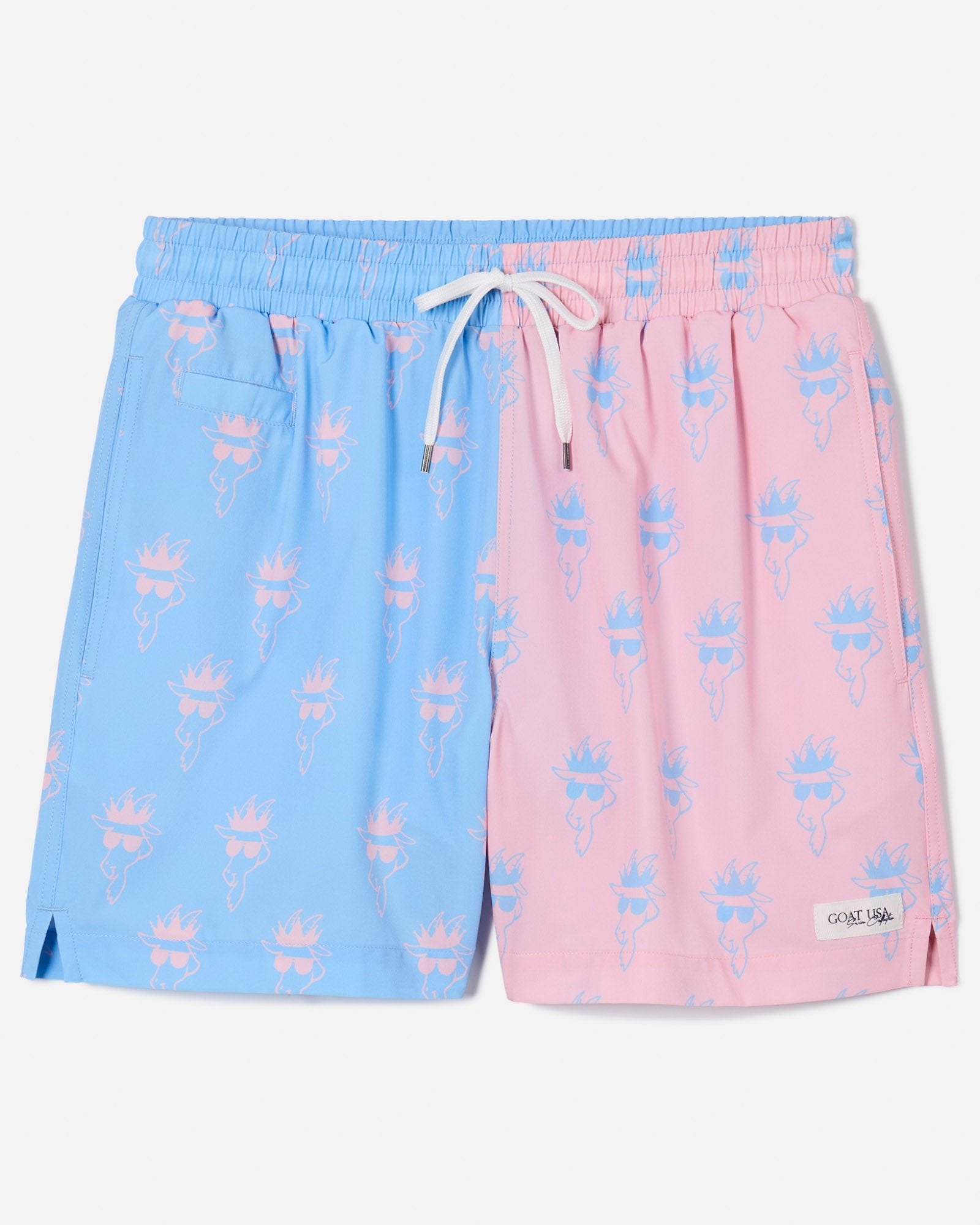 Front of pink and blue color block bathing suit with Chuck the GOAT head logo design