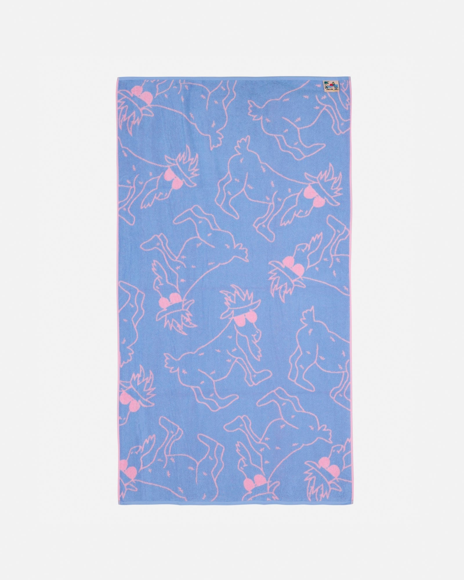 Blue towel with pink goat pattern on a white background
