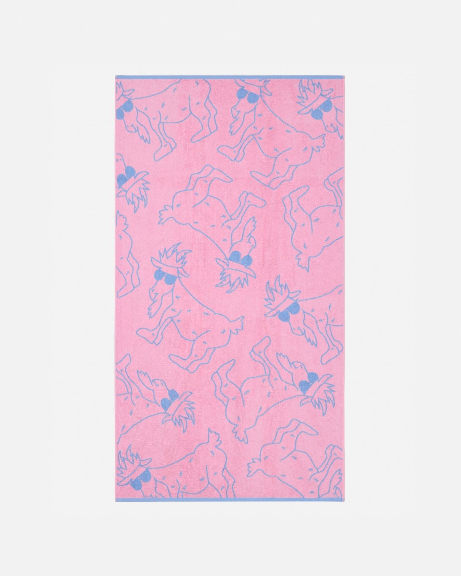 Pink towel with blue goat pattern on a white background