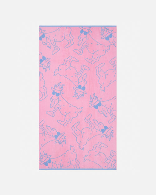 Pink towel with blue goat pattern on a white background