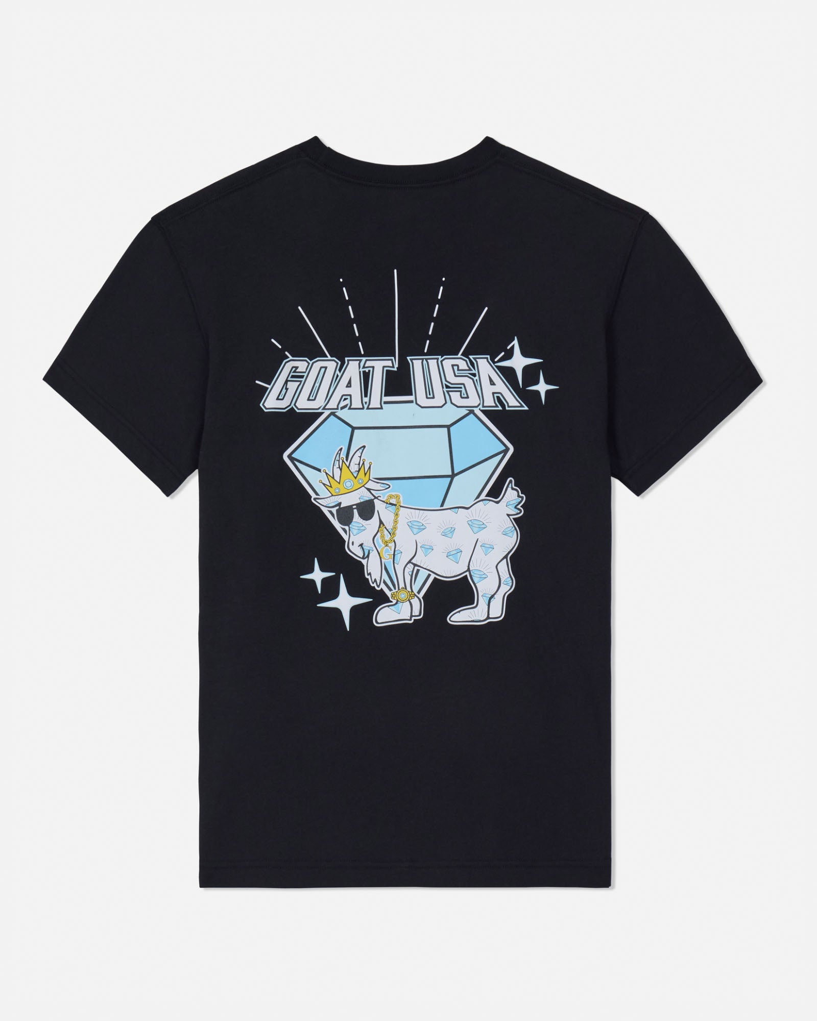 Black t-shirt with a graphic design of a goat wearing a diamond crown and 'GOAT USA' text on a white background.