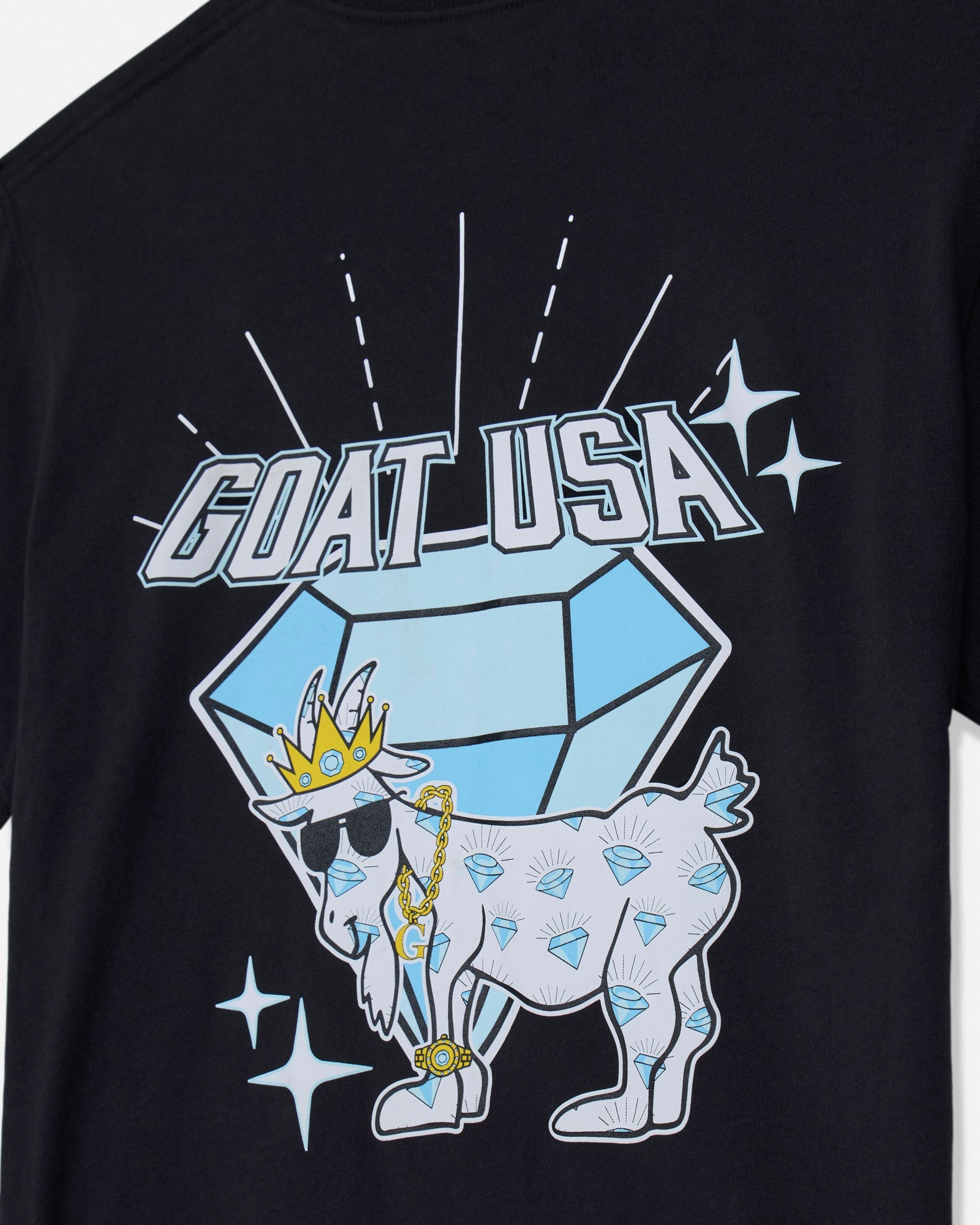 Black t-shirt with 'GOAT USA' graphic design featuring a goat with sunglasses and a crown.