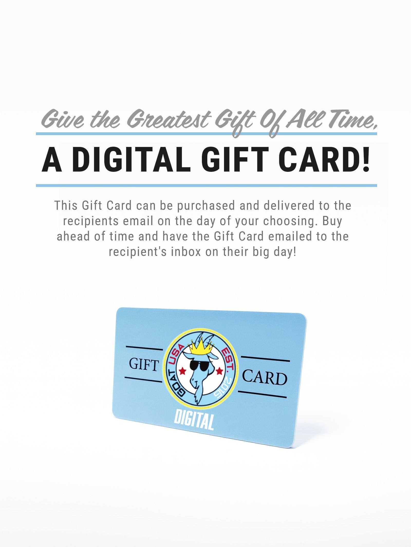 Digital gift card with a blue background and text promoting digital gift cards.