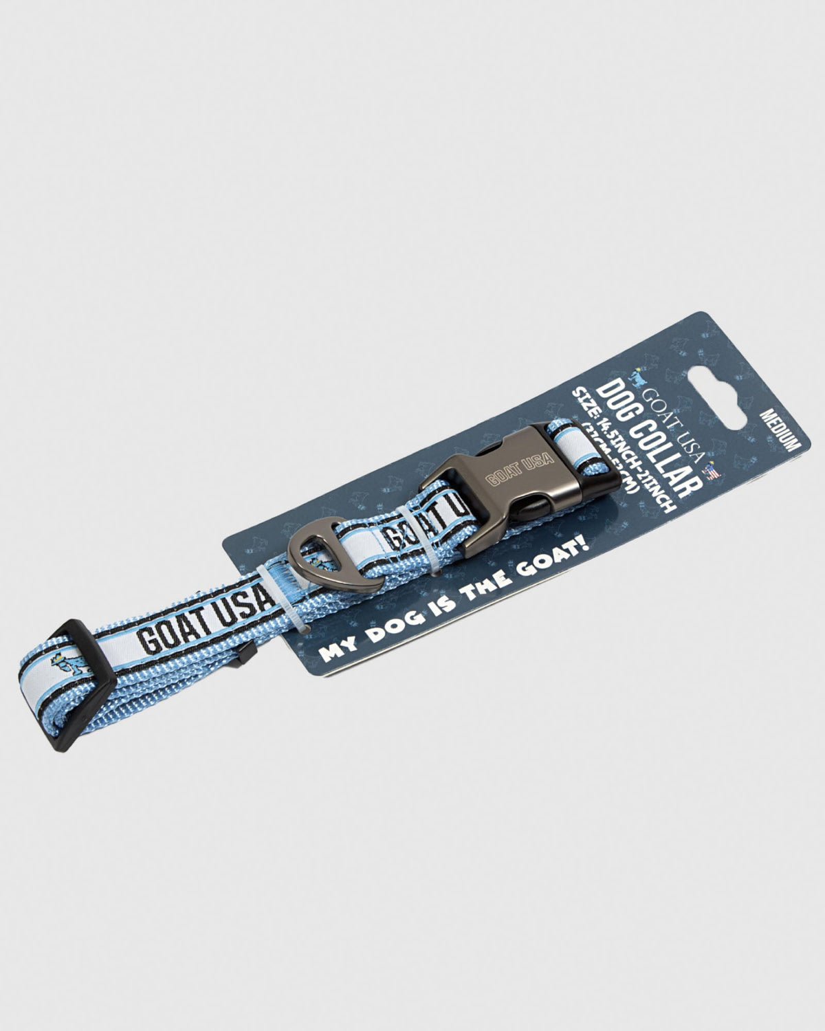 Blue and white dog collar in packaging