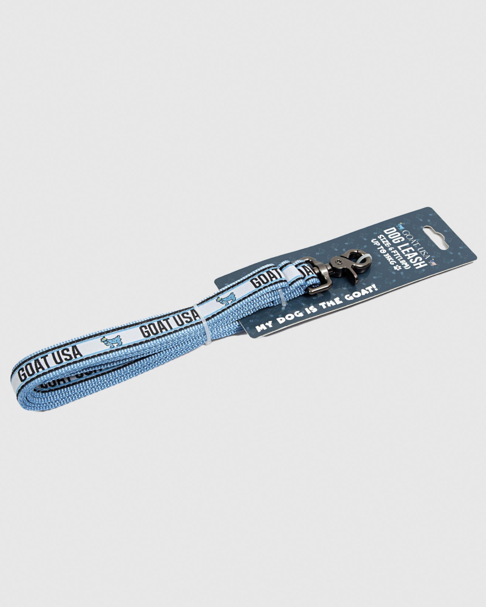 Blue and white dog leash in packaging