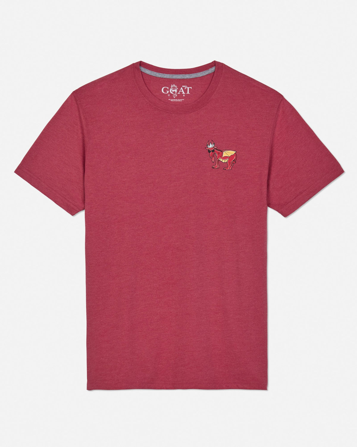 Front of cardinal t-shirt with dragon goat left-chest logo