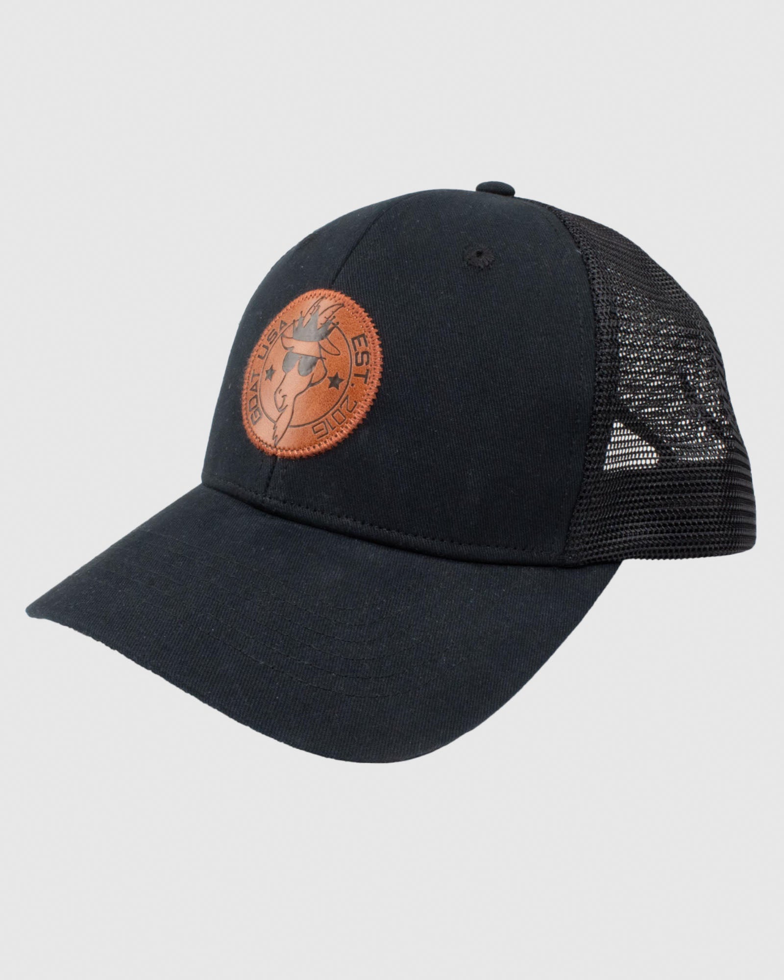 Black hat with black mesh and brown leather patch#color_black
