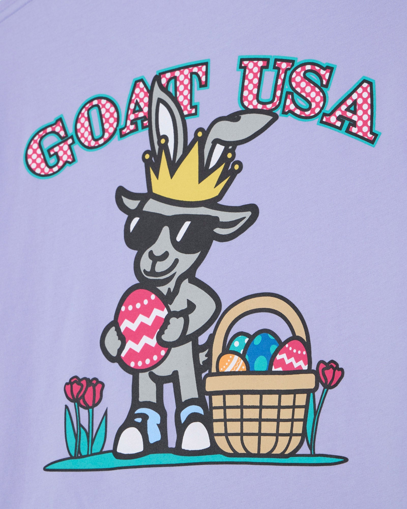 Illustration of a goat with a crown, Easter eggs, and a basket on a purple background with 'GOAT USA' text.