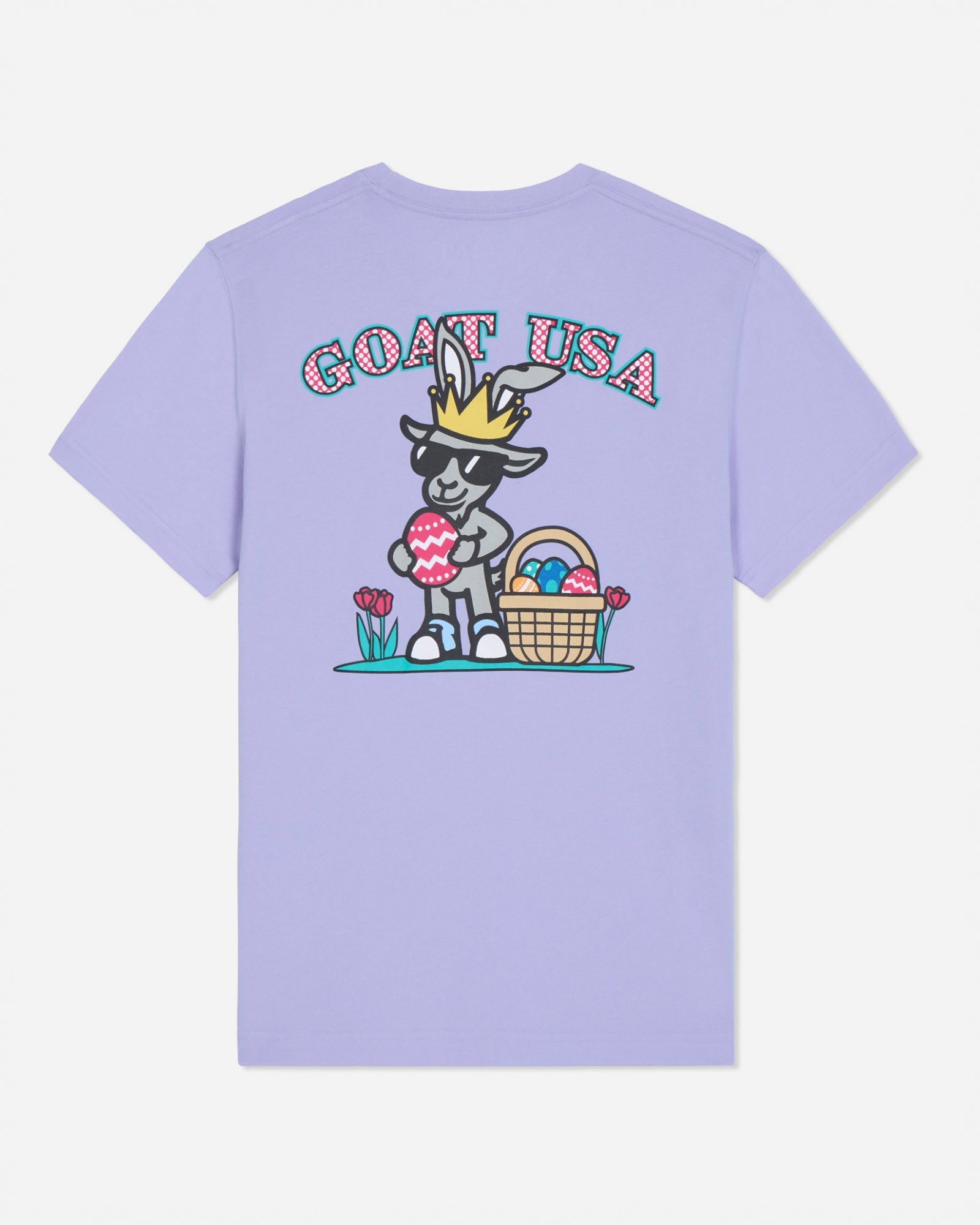 Lavender t-shirt with a graphic of a goat holding Easter eggs and a basket, labeled 'GOAT USA', on a white background.